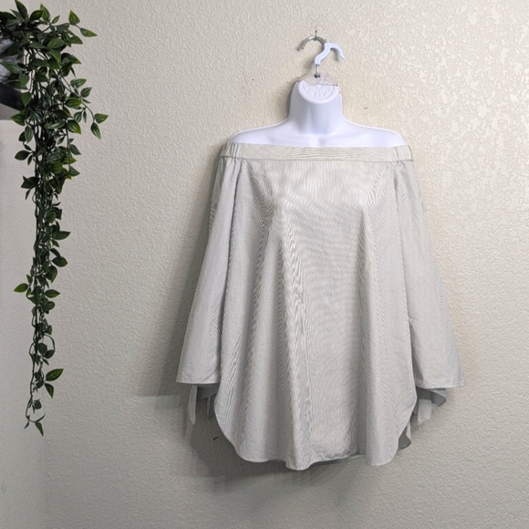 Tibi Revolve Cotton White Black Striped Off The Shoulder Tunic Top 3/4 Sleeve 10 - Picture 1 of 12